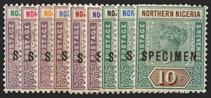 NORTHERN NIGERIA 1900 set of 9 to 10s SPECIMEN, SG1s/9s