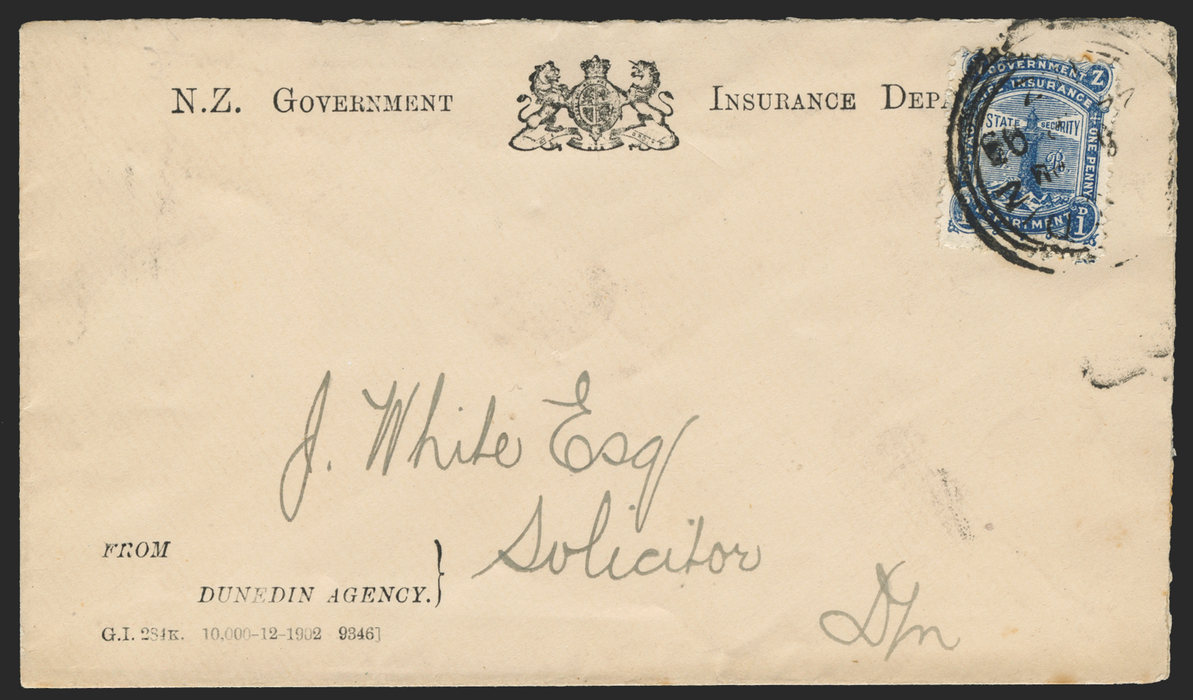 NEW ZEALAND 1903 Life Insurance Official printed envelope, SGL17