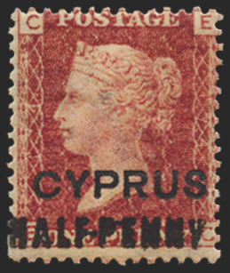CYPRUS 1881 'HALF-PENNY' on 1d red, plate 174, SG7