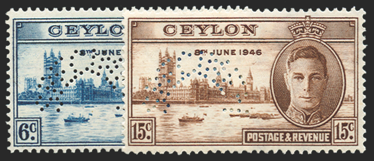 CEYLON 1946 Victory 6c blue and 15c brown SPECIMEN, SG400s/1s