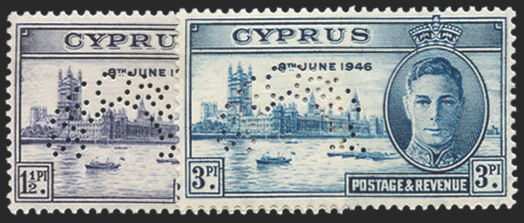 CYPRUS 1946 Victory 1½pi deep violet and 3pi blue SPECIMEN, SG164s/5s