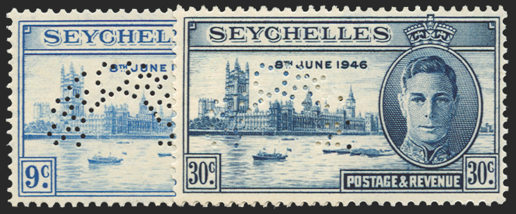 SEYCHELLES 1946 Victory 9c and 30c SPECIMENS, SG150s/1s