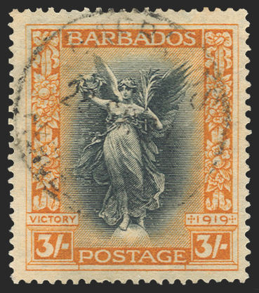 BARBADOS 1920-21 Victory 3s black and dull orange (USED), SG211a