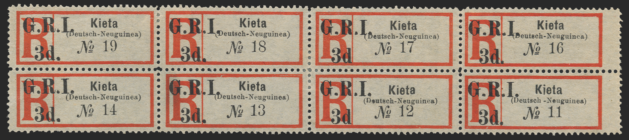 NEW GUINEA 1915 3d black and red registration label 'Kieta', SG38b