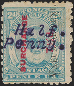 TONGA 1896 'Half Penny' on 7½d on 2d pale blue variety, SG37Bd