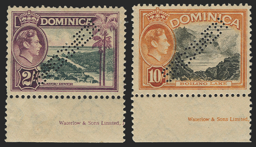Dominica 1938-47 2s slate and purple and 10s black and brown-orange SPECIMEN, SG106as/8as