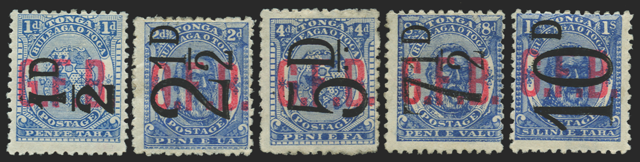 Tonga 1893 surcharges set of 5 to 10d on 1s Officials, SGO6/10