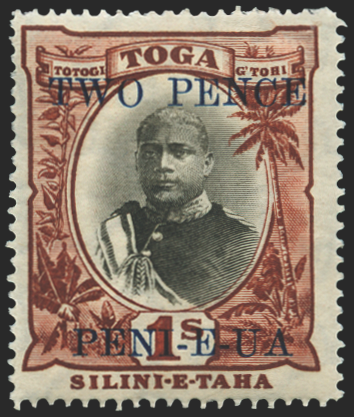Tonga 1923-4 2d on 1s black and red-brown variety, SG67var