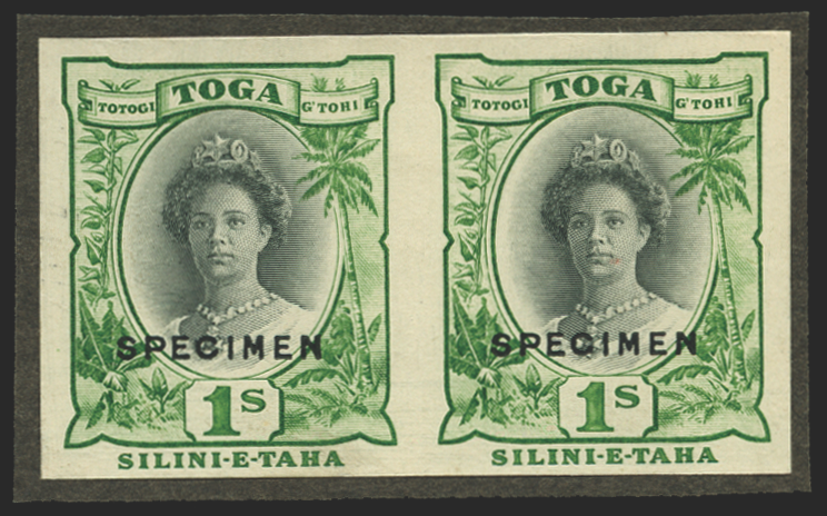 Tonga 1922 1s 'Queen Salote' in black and yellow-green printer's sample, SG63
