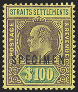 Malaya - Straits Settlements 1902-03 $100 purple and green/yellow Specimen, SG122s
