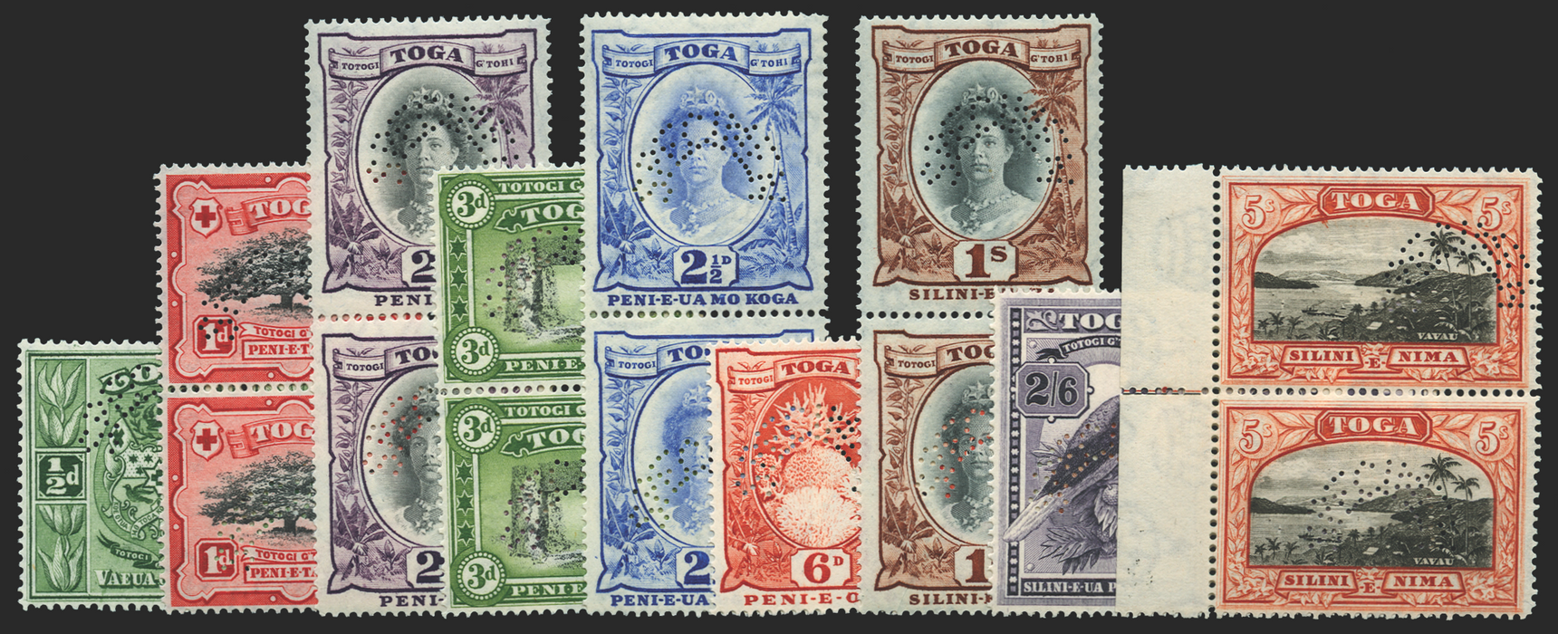 Tonga 1942-9 set of 9 to 5s Specimens, SG74s/82s