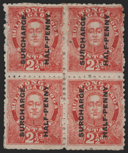 Tonga 1895 ½d on 2½d vermilion, variety, SG29/c/d