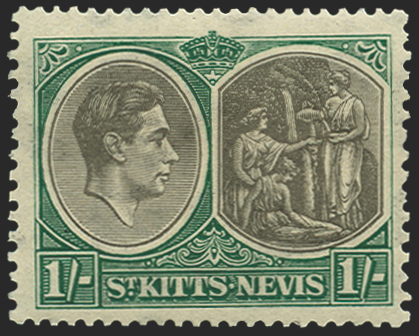 St Kitts-Nevis 1938-50 1s black and green variety, SG75a