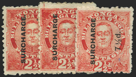 Tonga 1895 set of 3 surcharges on unissued 2½d vermilion, SG29/31