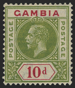 GAMBIA 1912-22 10d pale sage green and carmine variety, SG96b