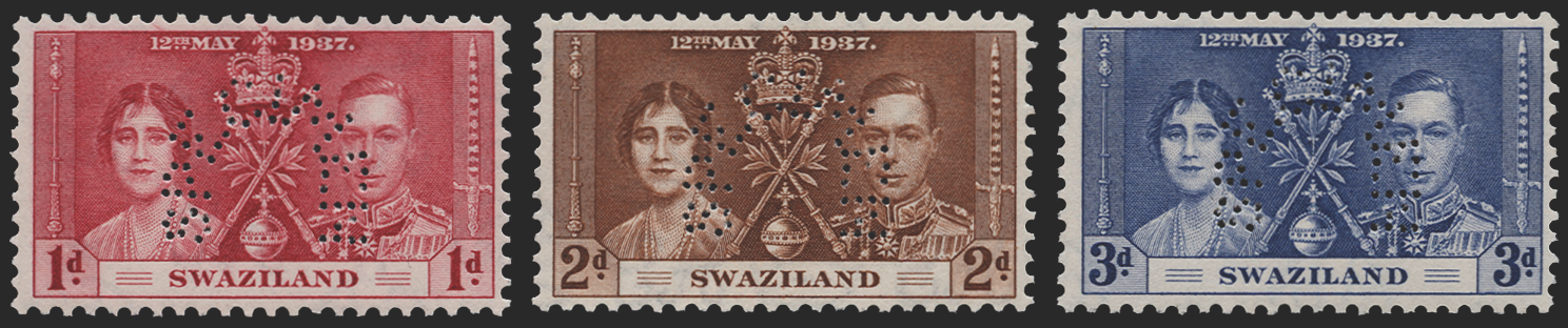 SWAZILAND 1937 Coronation set of 3 Specimens, SG25s/7s