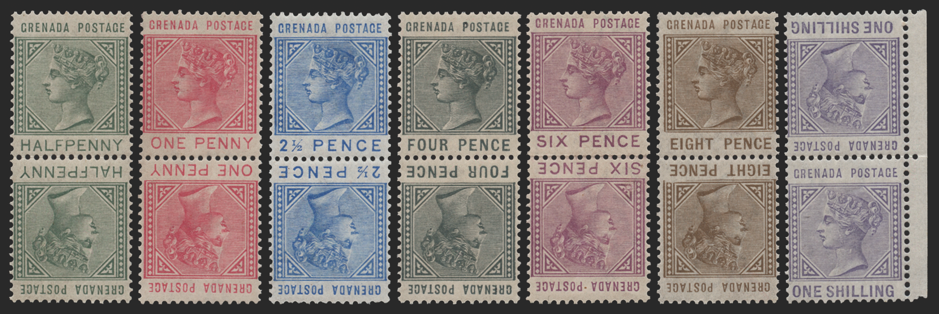 Grenada 1883 Set of 7 to 1s TETE-BECHE PAIRS, SG 30a/36a