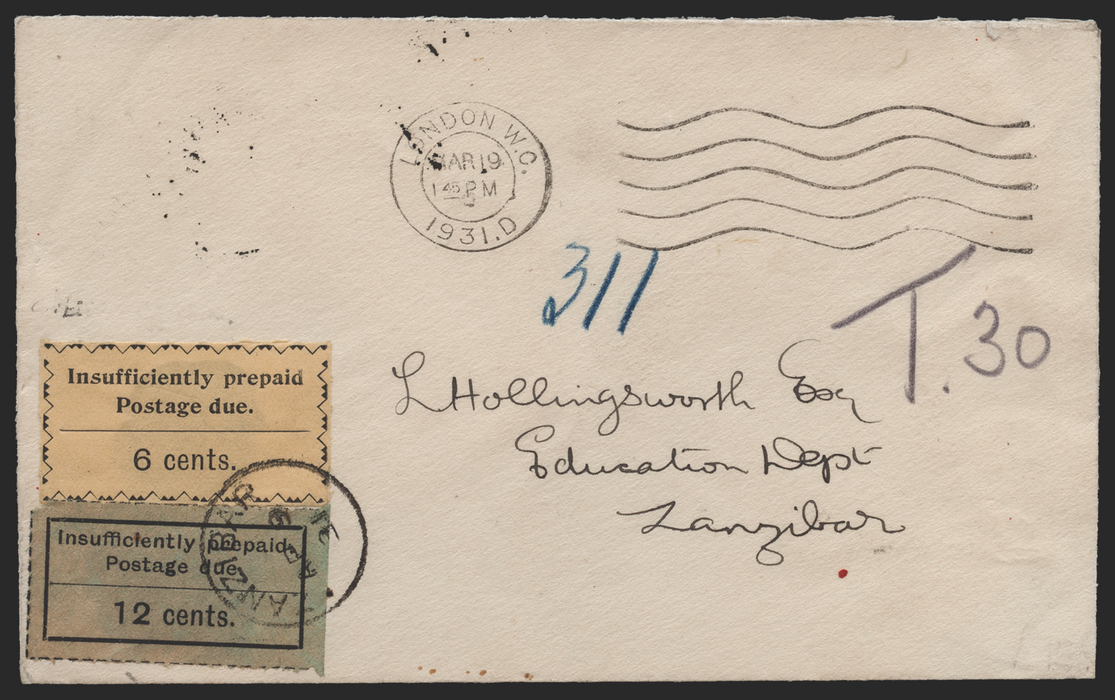 Zanzibar 1931 12c black/green and 6c black/yellow Postage Due Cover, SGD7, 21