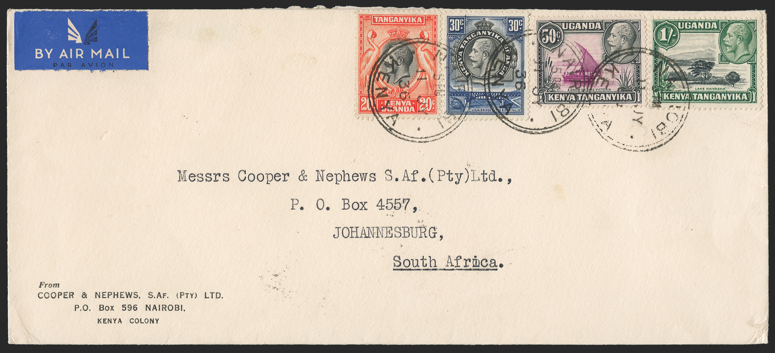 KUT 1936 long airmail cover to South Africa, SG118a