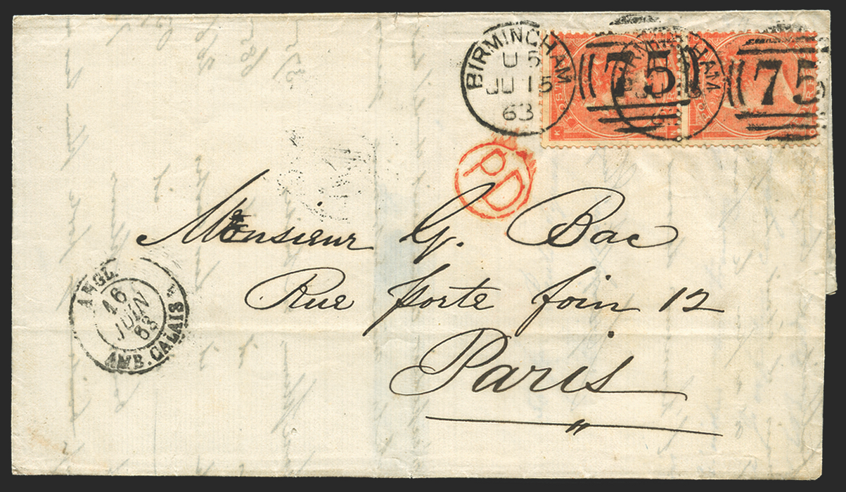 Great Britain 1863 Overseas Mail vertical pair to Paris, SG80