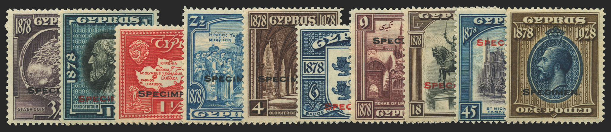 Cyprus 1928 50th Anniversary set of 10 to £1, SPECIMEN, SG123s/32s