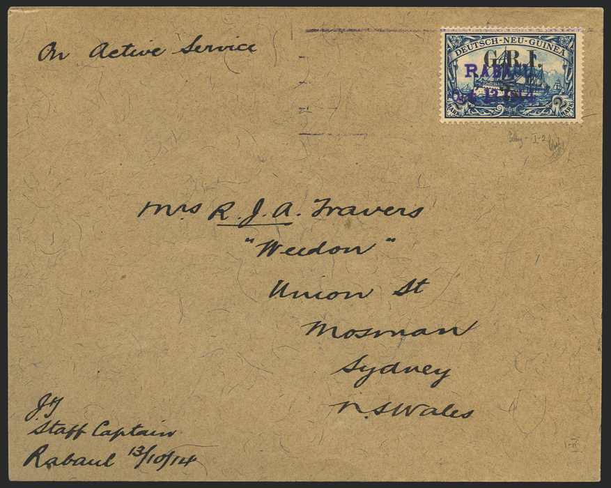 New Guinea 1914 2s on 2m blue used on Travers cover, SG13