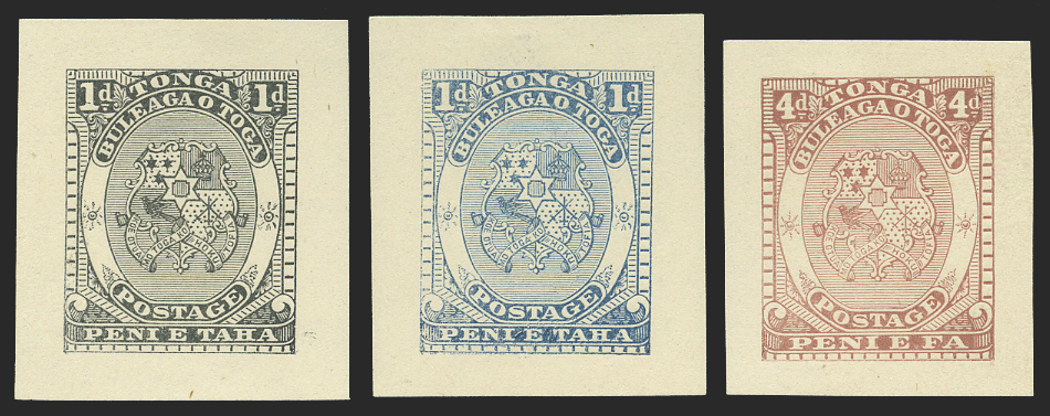 Tonga 1892 Arms 1d, 4d die proofs, SG10,12