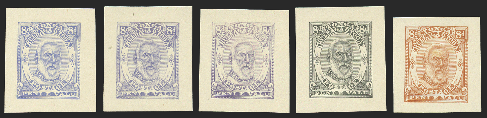 Tonga 1892 8d die proofs x 5 in unissued colours, SG13
