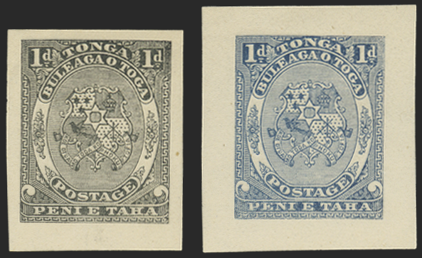 Tonga 1892 Arms 1d die proofs unissued design, SG10