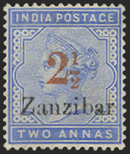 Zanzibar 1896 2½ on 2a pale blue variety, SG27C