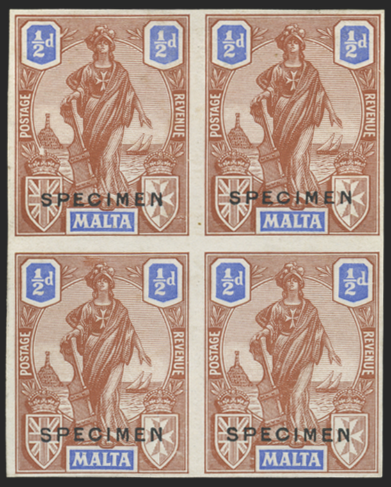 Malta 1922 ½d blue and brown printer's sample block of 4, SG124