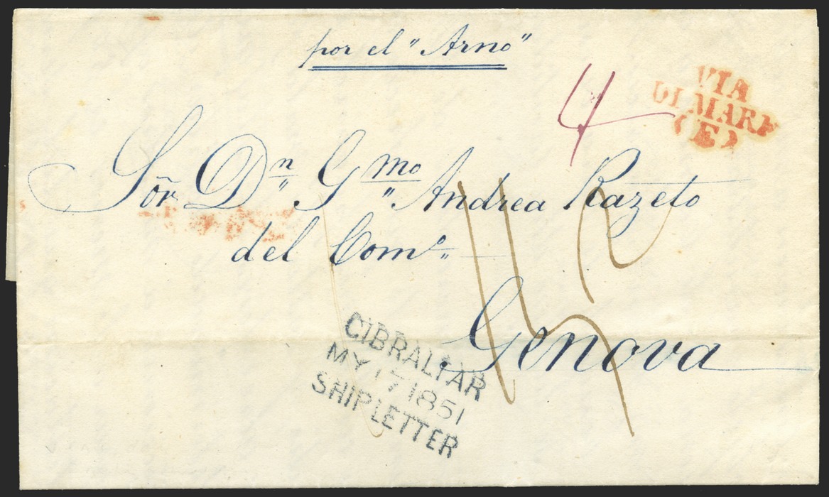 Gibraltar 1851 ship letter to Genoa