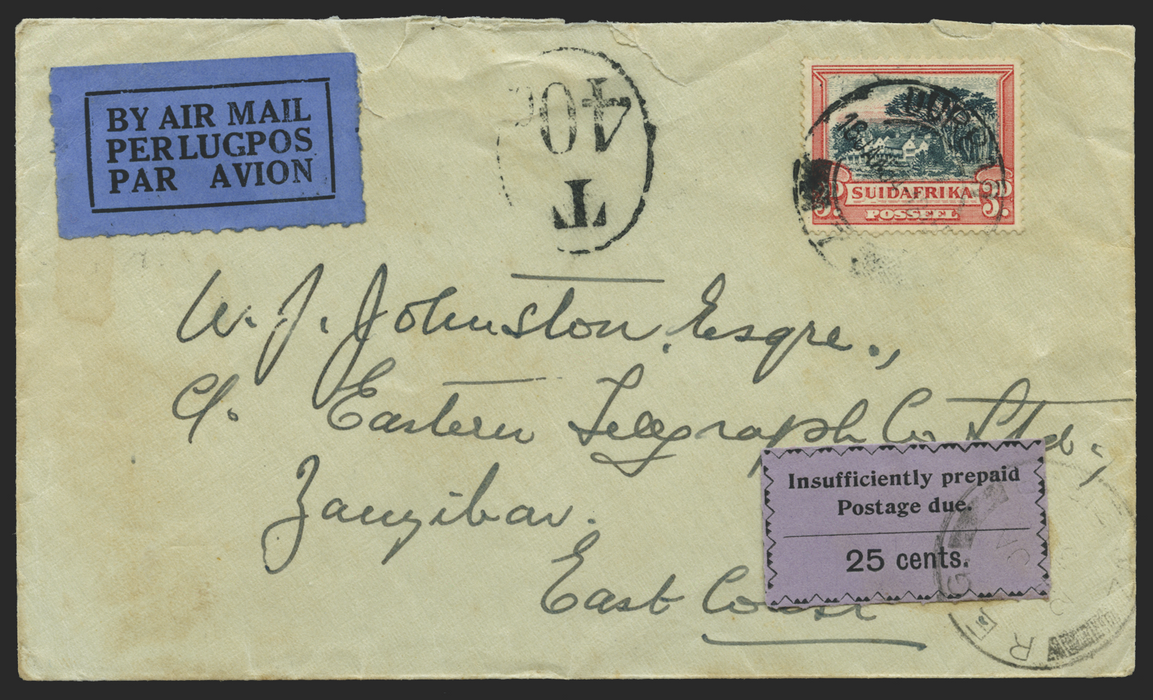 Zanzibar 1934 25c black/lilac Postage Due Cover, SGD24