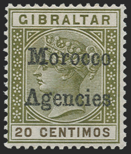 MOROCCO AGENCIES 1898 20c olive-green and brown variety, SG3a