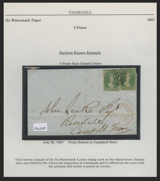 Australia Tasmania 1857 cover, SG20