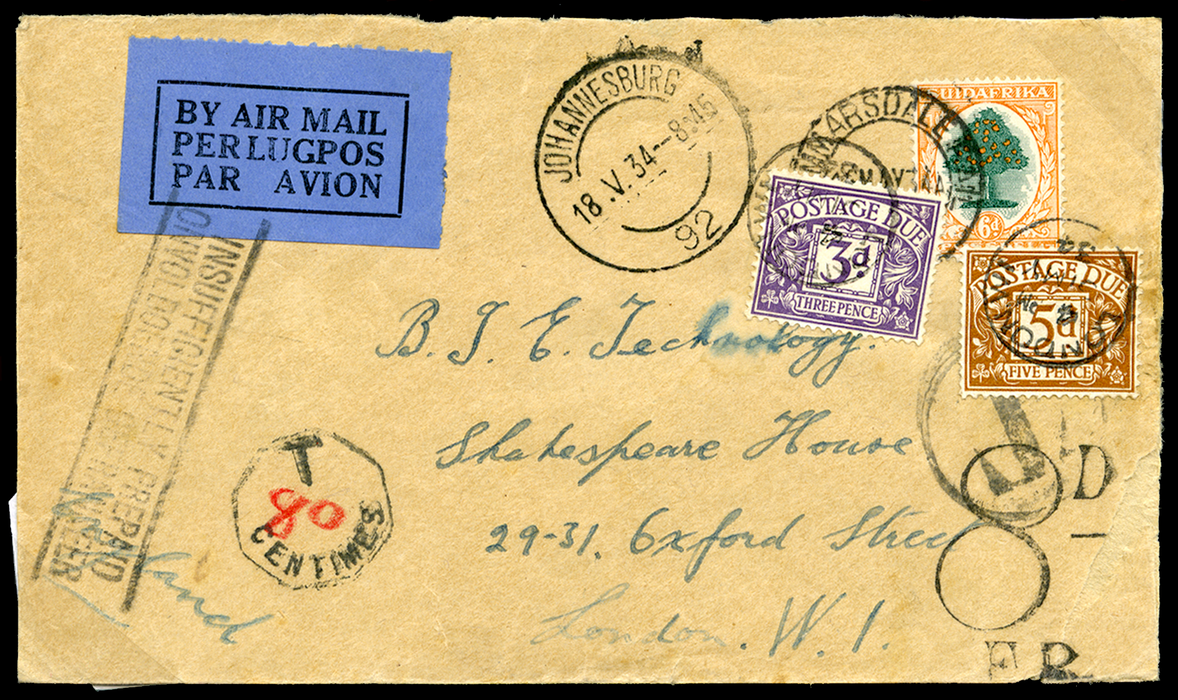 Great Britain Postage due airmail cover from South Africa, SGD14,D16