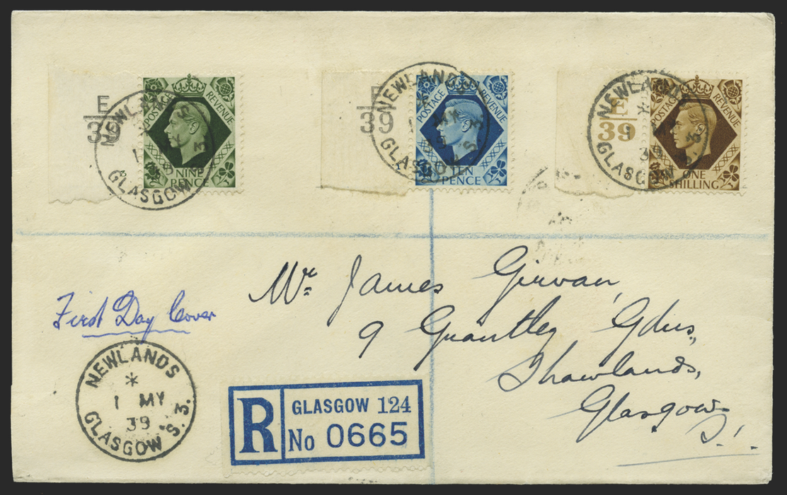 Great Britain 1939 9d deep olive-green, 10d turquoise & 1s bistre-brown First Day Cover, SG473/5.