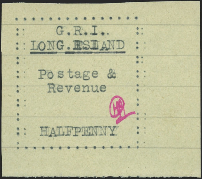 LONG ISLAND 1916 ½d BLACK ON PALE GREEN GRI DOUBLE SG4a