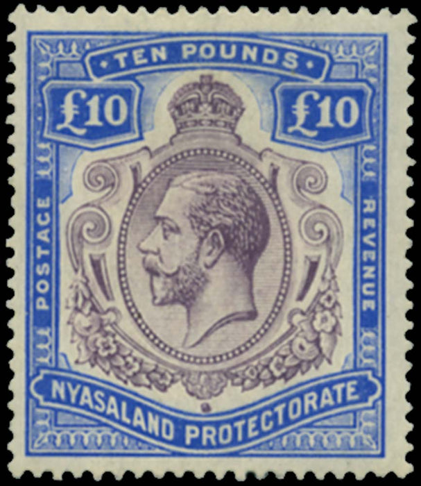 Nyasaland 1913 Mint £10 variety Nick in top right scroll, SG99c