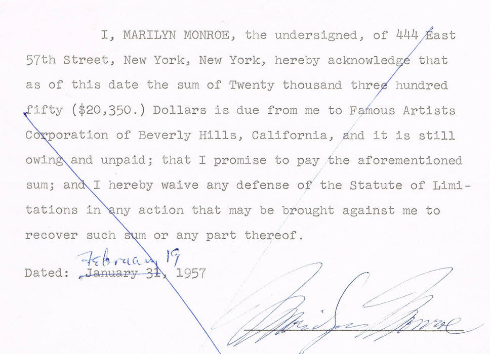 Marilyn Monroe Autograph on Legal Document