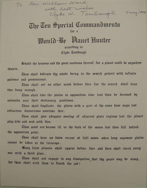 Clyde Tombaugh Autographed Ten Special Commandments for a Would-Be Planet Hunter