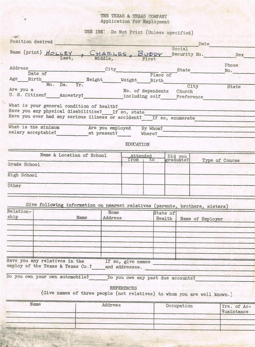 Buddy Holly Employment Application Form