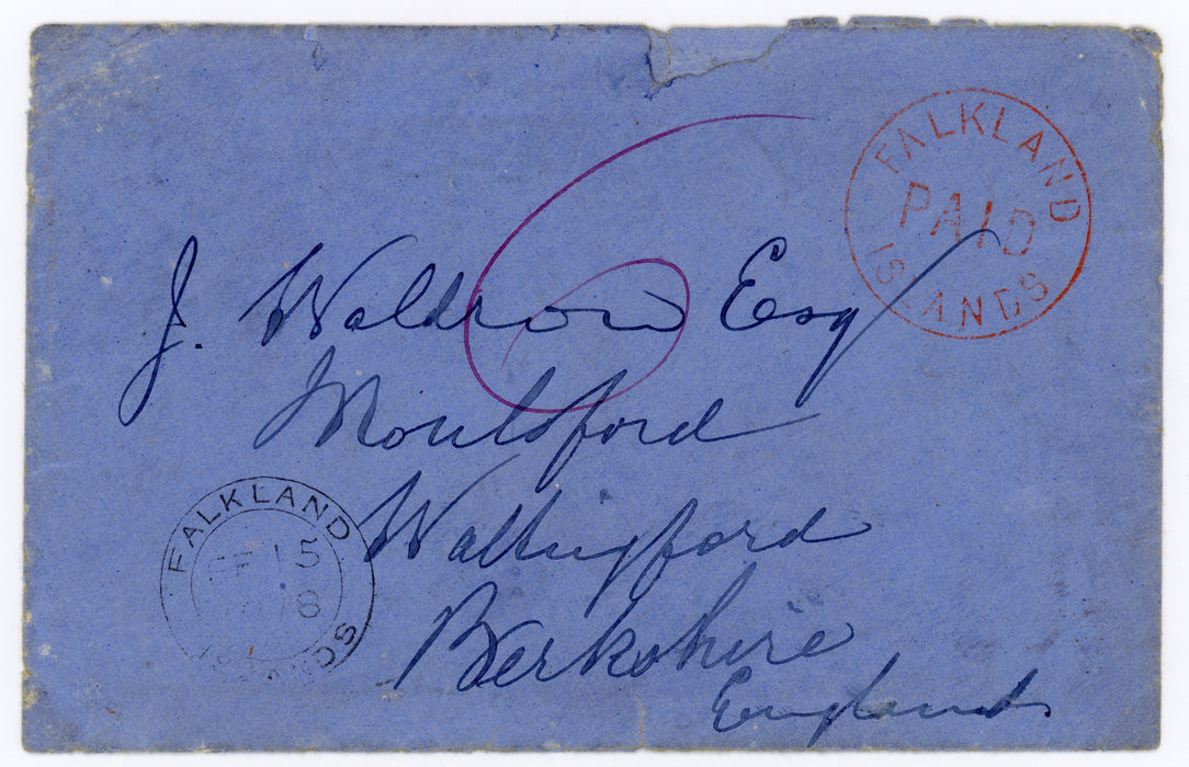 Falkland Islands 1878 (FE 15) cover (blue envelope) to Wallingford, Berkshire, SGFR2