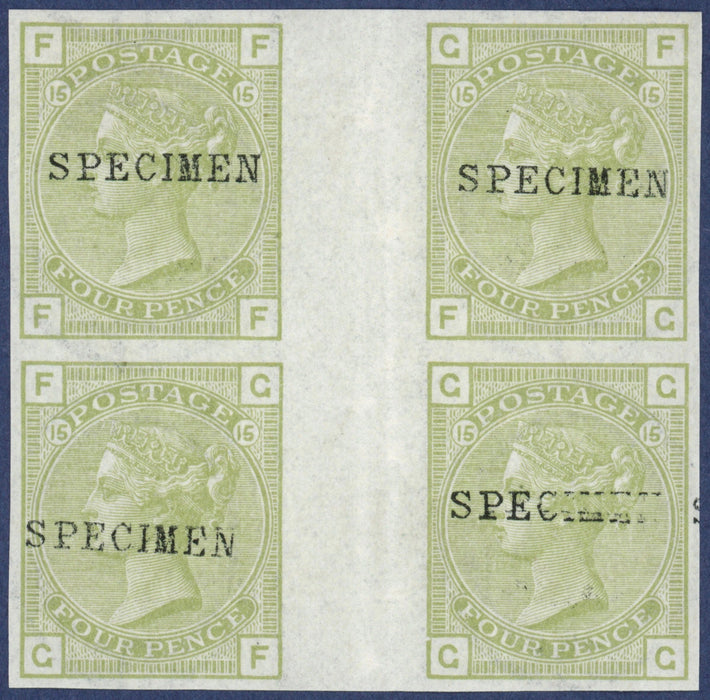 Great Britain 1877 4d sage green, Plate 15 Specimens, SG153var