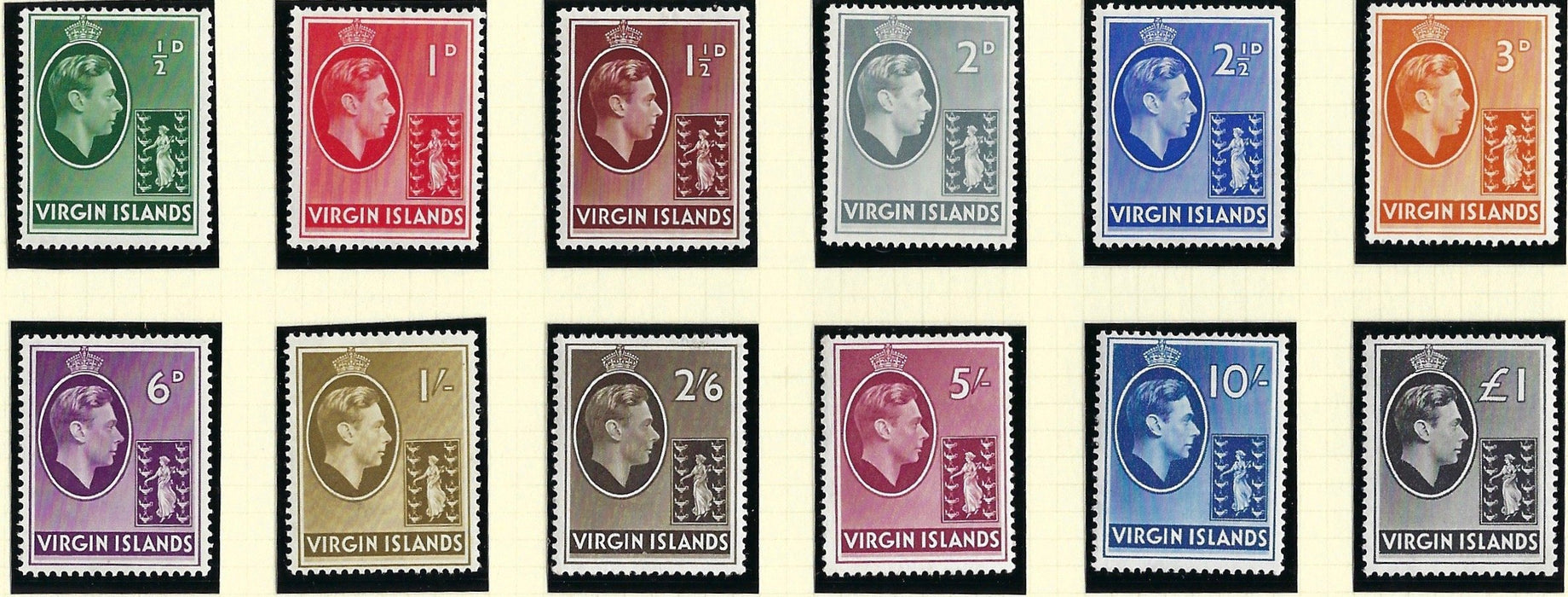 British Virgin Islands 1938-47 'King George VI and Badge of Colony' ½d to £1 black set of 12, SG110a/121. SG110a/121