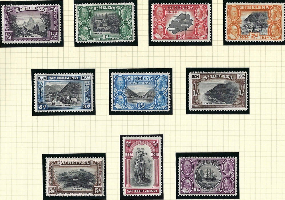 St. Helena 1934 (23 Apr) 1/2d to 10s black and purple set of 10, SG114/23