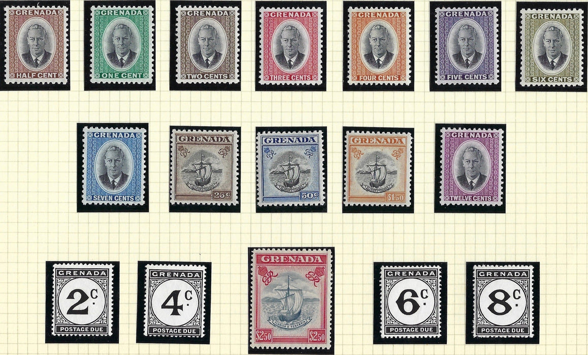 Grenada 1951 King George VI Watermark Multiple Script CA, ½c to £2.50 slate-blue and carmine set of 13, SG172/184.
