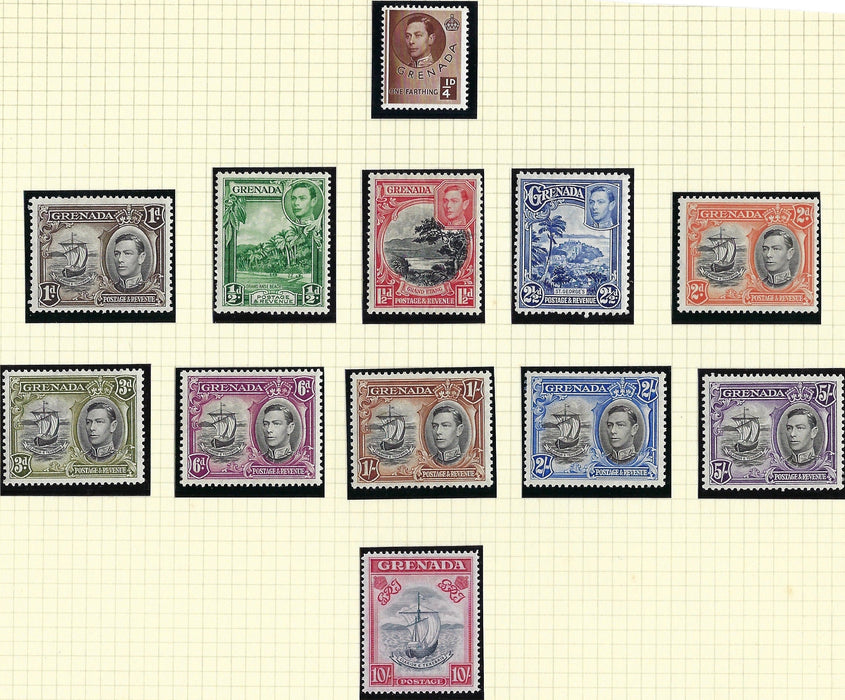 Grenada 1938-50 King George VI Watermark Multiple Script CA 1/4d to 10s blue-black and carmine set of 12, SG152/163e.