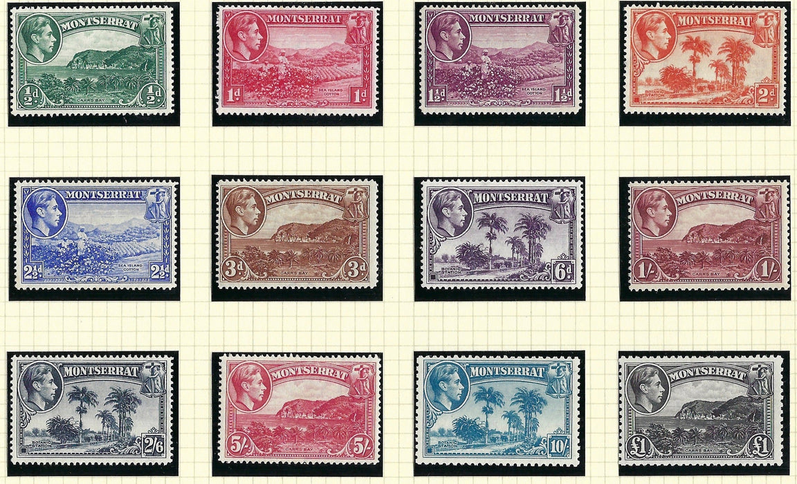 Montserrat 1938-48 King George VI Watermark Multiple Script CA ½d to £1 black set of 12, SG101a/112.