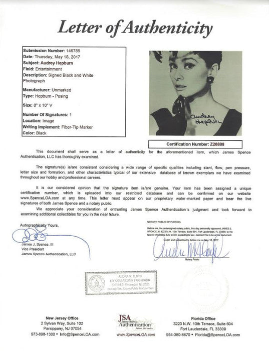 Audrey Hepburn signed Breakfast at Tiffany's headshot